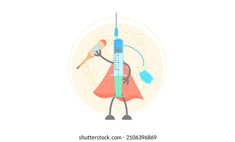 Abstract Flat Medic Syringe In A Raincoat With Mask And Thermometer Cartoon People Character Concept Illustration Vector Design Style Coronavirus COVID-19 Mass Vaccination Healthcare Epidemic