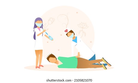 Abstract Flat Medic Woman And Man Compulsory Vaccinia Cartoon People Character Concept Illustration Vector Design Style Coronavirus COVID-19 Mass Vaccination Healthcare Epidemic