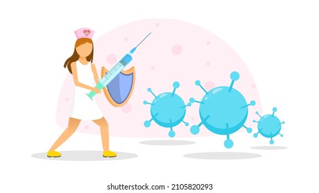 Abstract Flat Medic Woman Protecting Gerself From The Virus Cartoon People Character Concept Illustration Vector Design Style Coronavirus COVID-19 Mass Vaccination Healthcare Epidemic