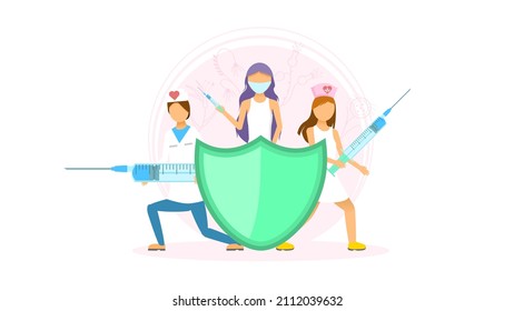 Abstract Flat Medics Protecting Herself From The Virus Cartoon People Character Concept Illustration Vector Design Style Coronavirus COVID-19 Mass Vaccination Healthcare Epidemic