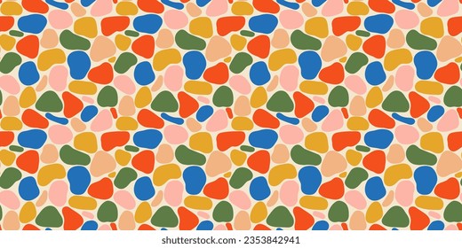 Resumen de formas orgánicas planas sin costura. Diseño de fondo colorido y a la moda. Papel pintado de decoración esgrimida, piedras de estilo terrazo artístico o manchas infantiles.