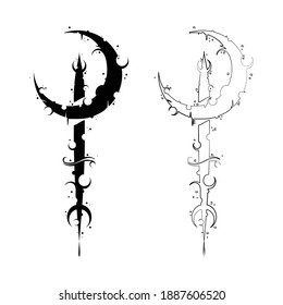 Abstract flat and outline moon magic symbol. Sign for tattoo or decoration. Runic pattern with abstract custom made design elements