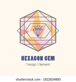 Abstract flat pink and orange triangle pattern inside hexagon shape and blue geometric lines with gem icon design element 