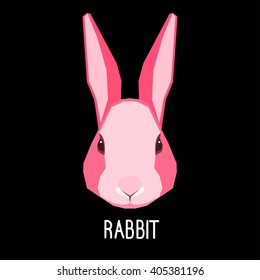 Abstract flat pink rabbit portrait isolated on black. Nature, animal, wildlife theme. Graphic rabbit painted in imaginary color for card, book, poster, banner. Forest animal collection