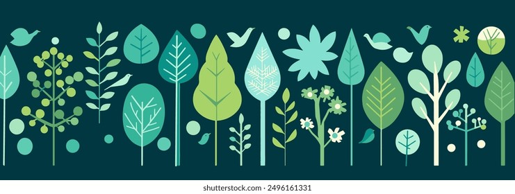 Abstract flat poster with trees birds and flowers. Minimalist simple icon forest eco banner. Wide simple shapes leaves nature outdoor travel vector illustration