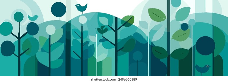  Abstract flat poster with trees birds and flowers. Minimalist simple icon forest eco banner. Wide simple shapes leaves nature outdoor travel vector illustration