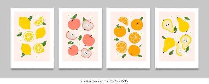 Afiches planos abstractos con fruta. Afiche de caricatura con cítricos atractivos tropicales, baya orgánica, pera fresca y manzana, durazno de sudor en el fondo. Conjunto de vectores. Flor de planta, naranja limón medio y entero