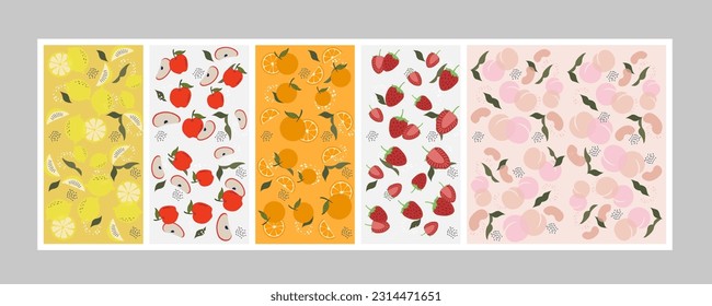 Abstract flat posters with fruit. Seamless pattern with peach, strawberry, orange, apple and lemon. Vector of fruits background for wallpaper, poster, cover, fabric on background. Vector set.