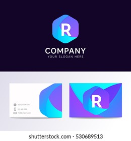 Abstract flat R letter logo iconic sign with company business card vector design