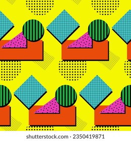 Abstract flat shapes pattern in memphis style. Geometrical shapes in vibrant colors with texture on bright yellow color. Retro geometric design. Perfect for decoration, textile, wrapping, decor