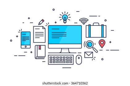 Abstract flat style business idea concept with computer and technology icons
