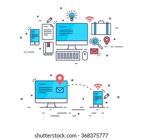 Abstract flat style business idea concept with computer and technology icons. Message and mail sending process