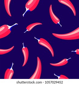 Abstract flat style chilli pepper seamless vector pattern on dark blue background. Hot cayenne pepper illustration.