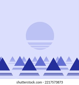 Abstrakter Flachstil, Retro Blau-weißer Sonnenuntergang, Illustration