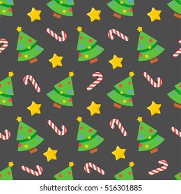 Abstract flat style seamless christmas pattern with holiday candy, spruce christmas tree, shiny star toy icons