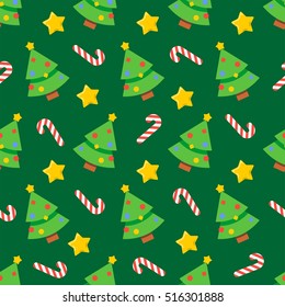 Abstract flat style seamless christmas pattern with holiday candy, spruce christmas tree, shiny star toy icons