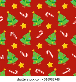 Abstract flat style seamless christmas pattern with holiday candy, spruce christmas tree, shiny star toy icons