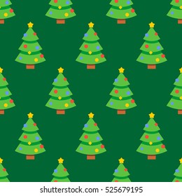 Abstract flat style seamless christmas pattern background with spruce christmas tree, shiny star toy icons