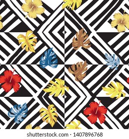 Abstract flat tropical leaves monstera and hibiscus flowers on the black white geometric background. Trendy wallpaper seamless vector pattern