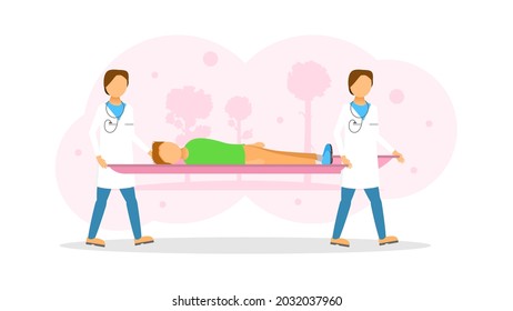 Abstract Flat Two Doctors Carry The Patient On A Stretcher Cartoon People Character Concept Illustration Vector Design Style Healthcare Diagnosis Clinic Emergency Medical First Aid