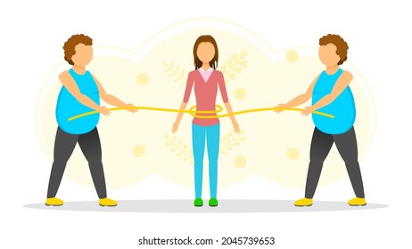 Abstract Flat Two Fat, Thick Girls Tighten Their Belt Thin Woman Cartoon People Character Concept Illustration Vector Design Style Lack Of Weight Anorexia