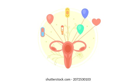 Abstract Flat Uterus Icon Flies On Icons Medic Cartoon People Character With Heart Concept Illustration Vector Design Style Healthcare Diagnosis Clinic