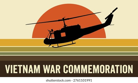 Abstract flat vector of a Huey helicopter silhouette over a sunset for Vietnam War commemoration