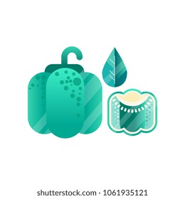 Abstract flat vector icon of green peppers and leaf with gradient and texture. Organic vegetable. Fresh and healthy food.