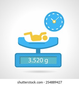 Abstract flat vector icon for weighing a newborn medical procedure in blue and yellow color on white background.