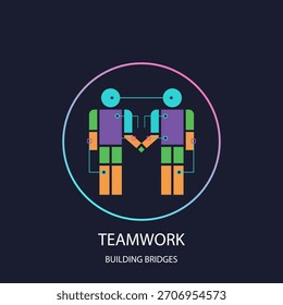 Ilustração vetorial plana abstrata representando duas pessoas apertando as mãos, simbolizando o trabalho em equipe e construindo pontes através de pontos de conexão dentro de uma estrutura circular.