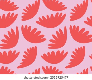 Abstract flat vector illustration featuring scattered red floral petals on a pink background. Decorative seamless pattern for fabric, wallpapers, wrapping paper, and floral-themed designs.