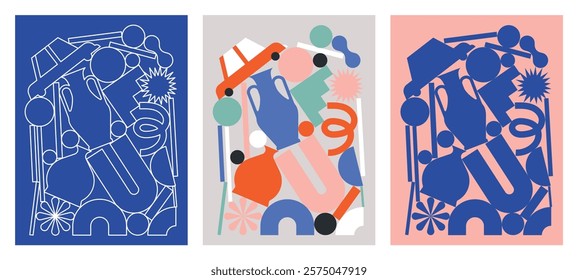 Abstract flat vector illustration with geometric elements balancing on each other. Colorful composition of organized mess.