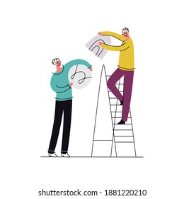 Abstract flat vector illustration metaphor with concept of collaboration, partnership and solving problems together. Colleagues are shown assembling an abstract figure. Business communication.