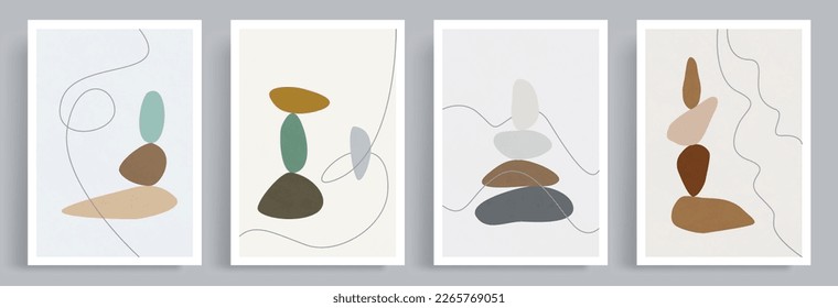 Abstract flat vector illustration.  Stone balancing concept minimalist shape with inear curved pattern and watercolor texture. Design for cover, poster, brochure, gift card.