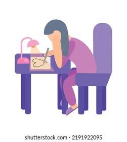 Abstract Flat Vector Illustration Of Student School Girl Sitting At Desk Table With Lamp On Chair And Drawing Heart On Paper.Back To School.Class.Pupil Homework Assignments.Lessons.Purple Pink Colors.