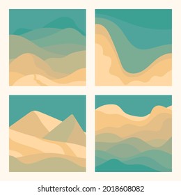 Abstract flat vector illustrations of beach, dunes, desert, mountains. Modern art print with minimalist landscape. Contemporary aesthetic backgrounds collection. Sand and turquoise colored scenery.