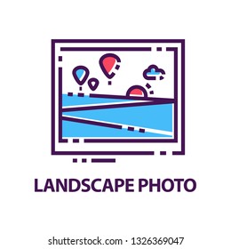 Abstract flat vector logo with landscape photo. Scene with sea and hot air balloons. Creative linear emblem