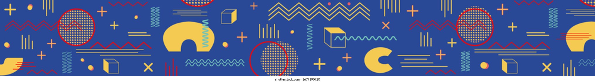 Abstract flat vector pattern. Memphis style geometric texture. Illustration in trendy yellow, red, orange and blue colors. Long border or horizontal banner for web design.