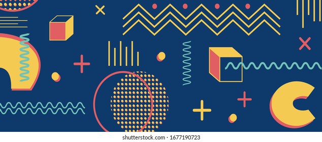 Abstract flat vector pattern. Memphis style geometric texture. Illustration in trendy yellow, red, dark and light blue colors. Background, backdrop or horizontal banner for web design.