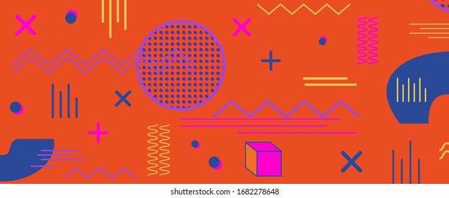 Abstract flat vector pattern. Memphis style geometric texture. Illustration in trendy yellow, pink, orange, blue colors. Background, backdrop or horizontal banner for web design.