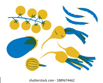 Abstract flat vegetables set vector illustration. Cherry tomatoes, eggplant, asparagus, radish, onion simple illustration. Clip art vegetables for your design. Cooking vegan ingredients shape.