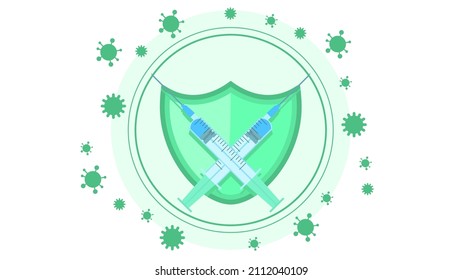 Abstract Flat Virus Protection With Syringe And Shield Cartoon People Character Concept Illustration Vector Design Style Coronavirus COVID-19 Mass Vaccination Healthcare Epidemic
