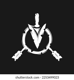 Abstract flat white sagittarius arrowhead symbol isolated on black background. Arrow with sample text for company logo or corporate symbol