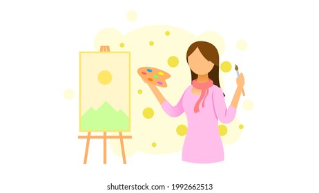 Abstract Flat Woman Artist Cartoon People Character Concept Illustration Vector Design Style Creative Workshop Room With Canvas Paints Brushes Easel Painter 