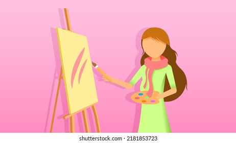 Abstract Flat Woman Girl Artist Painting On Canvas With Easel Cartoon People Character Concept Illustration Vector Design Style