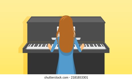 Abstract Flat Woman Girl Plays The Piano Cartoon People Character Concept Illustration Vector Design Style