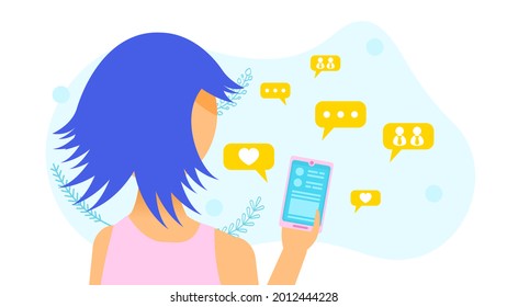 Abstract Flat Woman Girl With A Smartphone In Hand Cartoon People Character Concept Illustration Vector Design Style With Leaves Social Media Likes Subscription Messages Communication