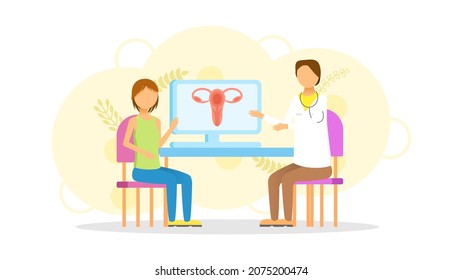 Abstract Flat Woman At A Gynecologist's Appointment Medic Cartoon People Character Man Concept Illustration Vector Design Style Healthcare Diagnosis Clinic