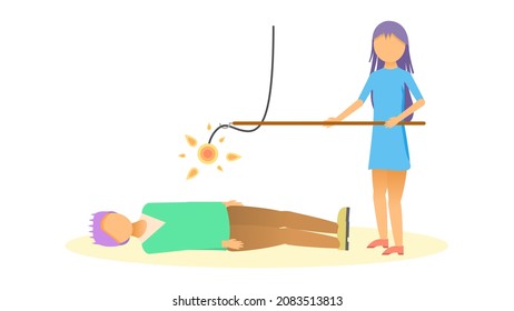 Abstract Flat Woman Helps With Electric Shock First Aid Cartoon People Character Concept Illustration Vector Design Style Healthcare Medical Electrocute