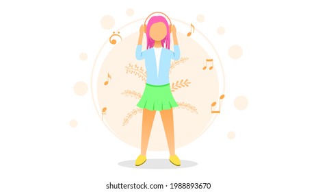 Abstract Flat Woman Listening To Music With Headphone Cartoon People Character Concept Illustration Vector Design Style With Leaves Song Relaxation Good Mood Rest